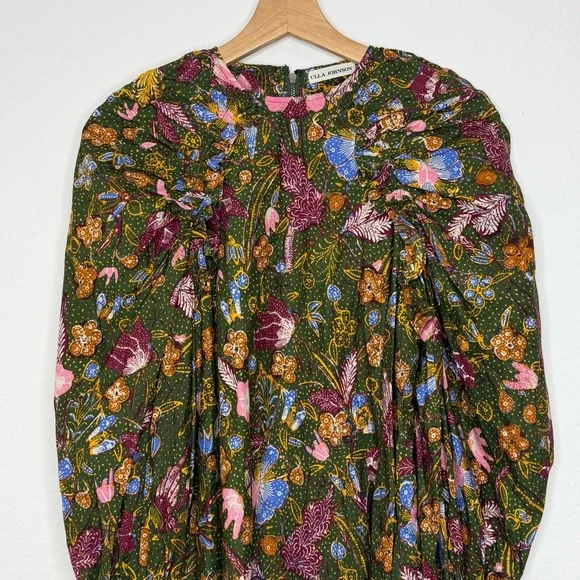 Ulla Johnson Green Devya Floral Print Ruffle Cotton Short Mini Dress - Picture 4 of 10